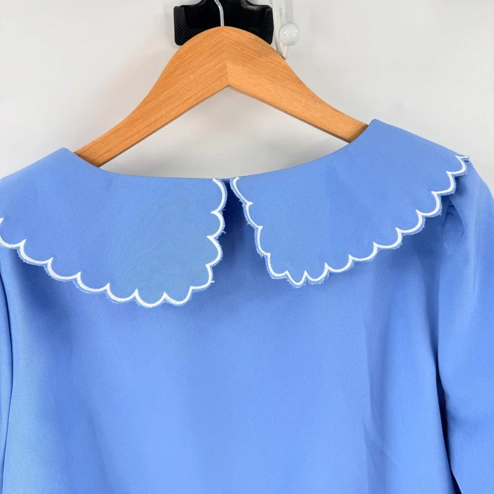 Tuckernuck Easton Blouse Blue Embroidered Scallop Collar Puff Sleeve Size L
